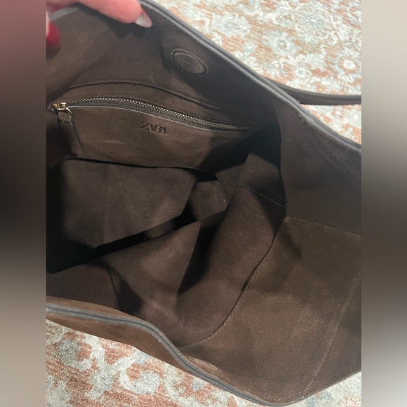 Zara Asymmetric Chocolate Suede Shoulder Hobo Bag in Dark Brown - Picture 13 of 14